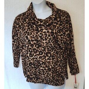 New Ruby Rd Women's 2x Leopard Print Knit Rayon Cowl Neck Top Light Sweater
